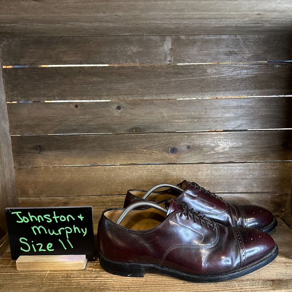 Mens Johnston Murphy Handcrafted Burgundy Leather Dress Shoes Size 11 E GUC
